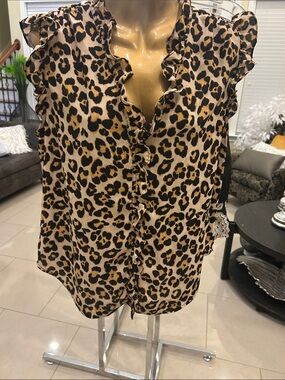 Dkny Leopard Print Ruffle V-Neck Blouse - Tan Black